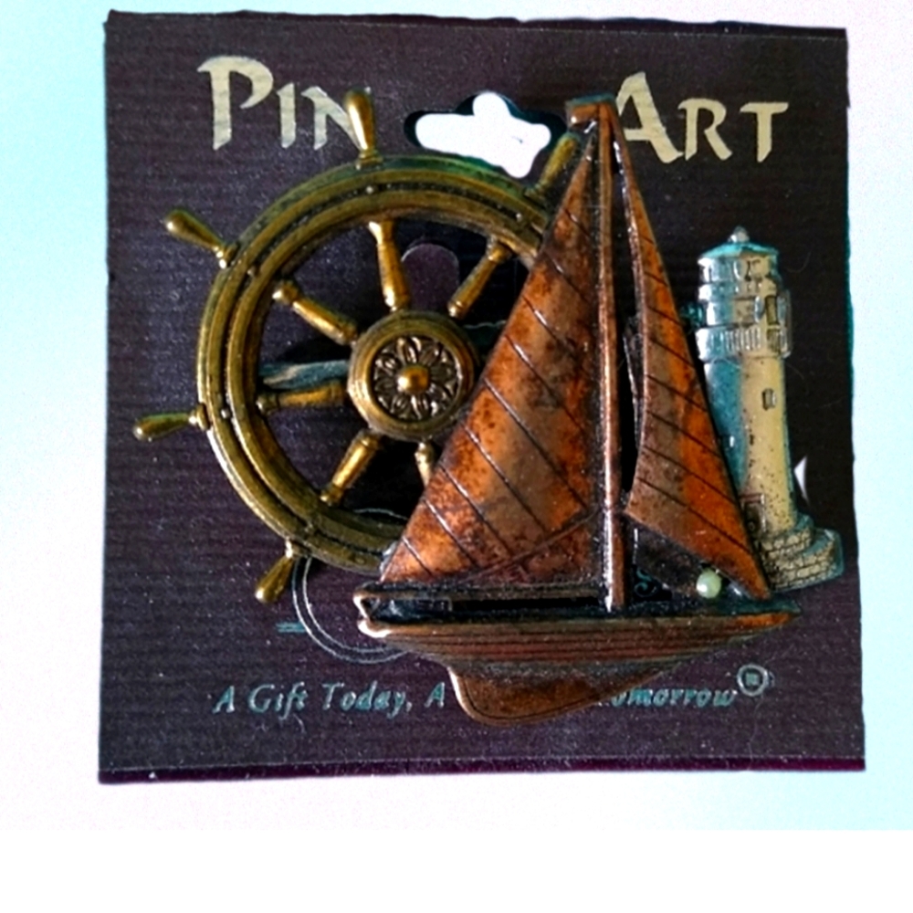 Sailboat Lighthouse Ships Wheel Brooch